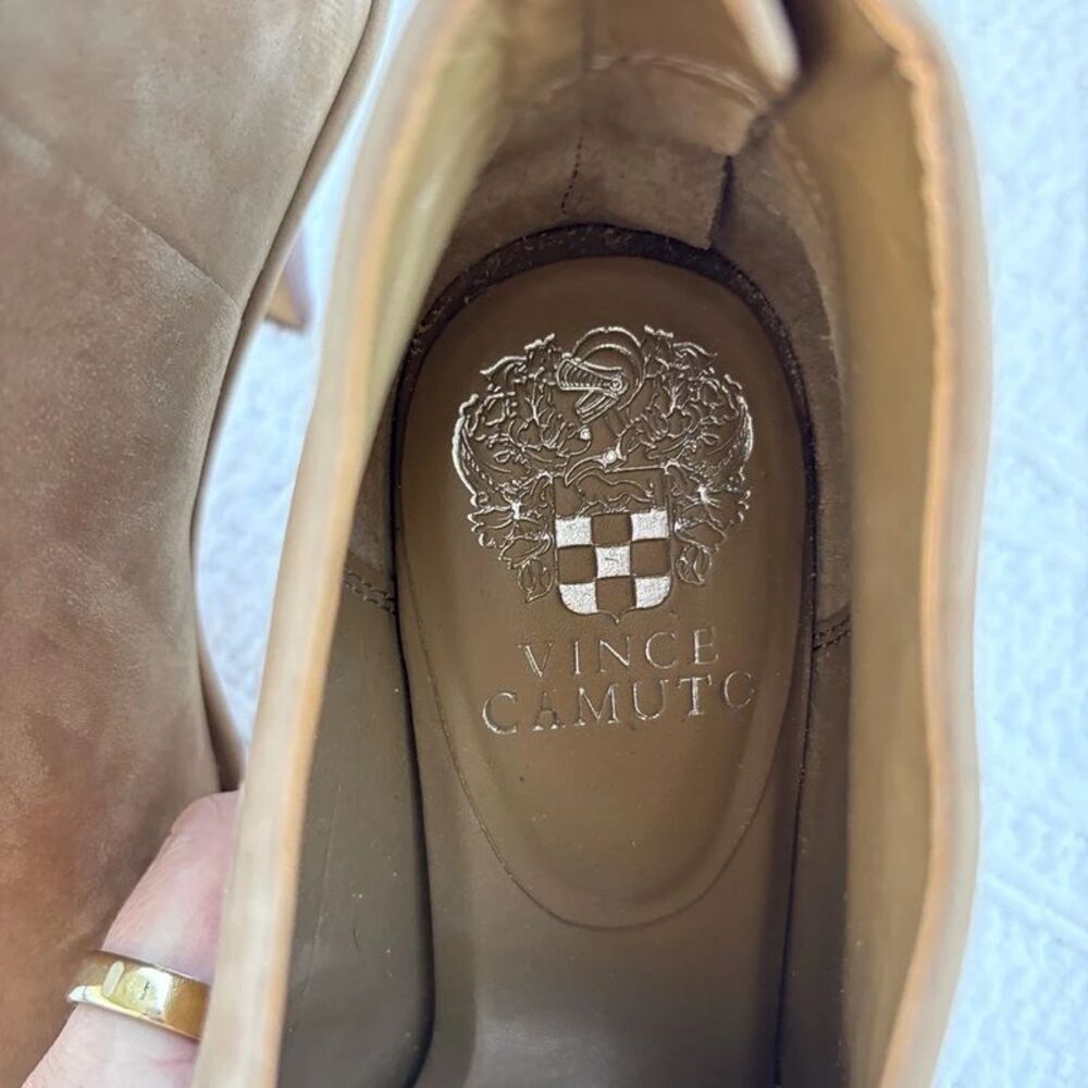 Vince Camuto Taupe Suede Peep Toe Heeled Ankle Booties Fall Winter - Picture 4 of 8